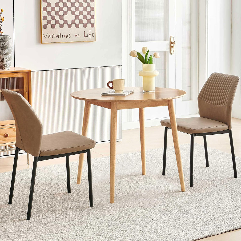 35" Round Dining Table Set for 2 with PU Leather Chairs, Space Saving Kitchen Table Set with Solid Wood Legs - Compact Breakfast Nook Set for Small Spaces, Apartment (Beige)