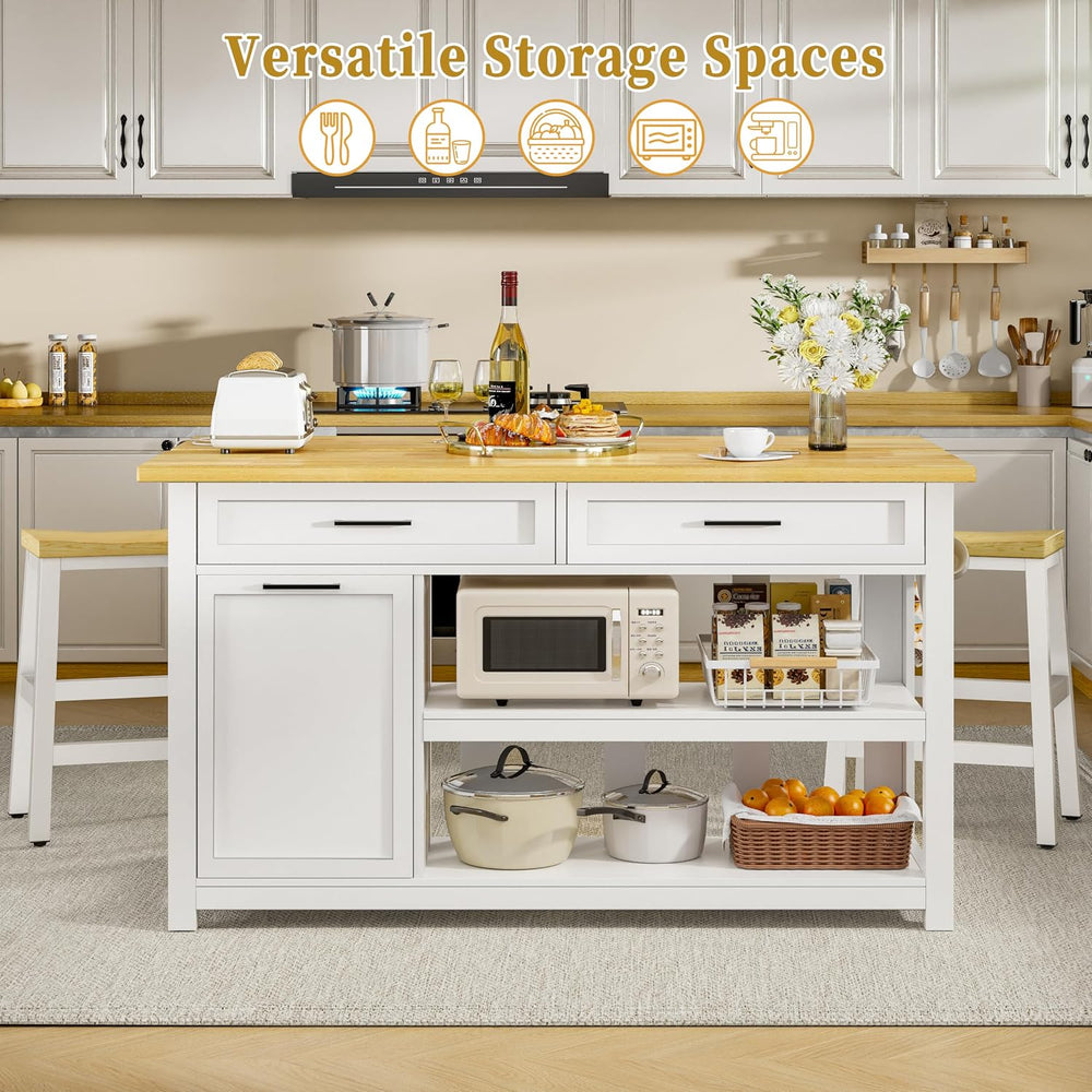 DynJest 47" Solid Rubberwood Top Kitchen Island with Storage, 2 Bar Stools