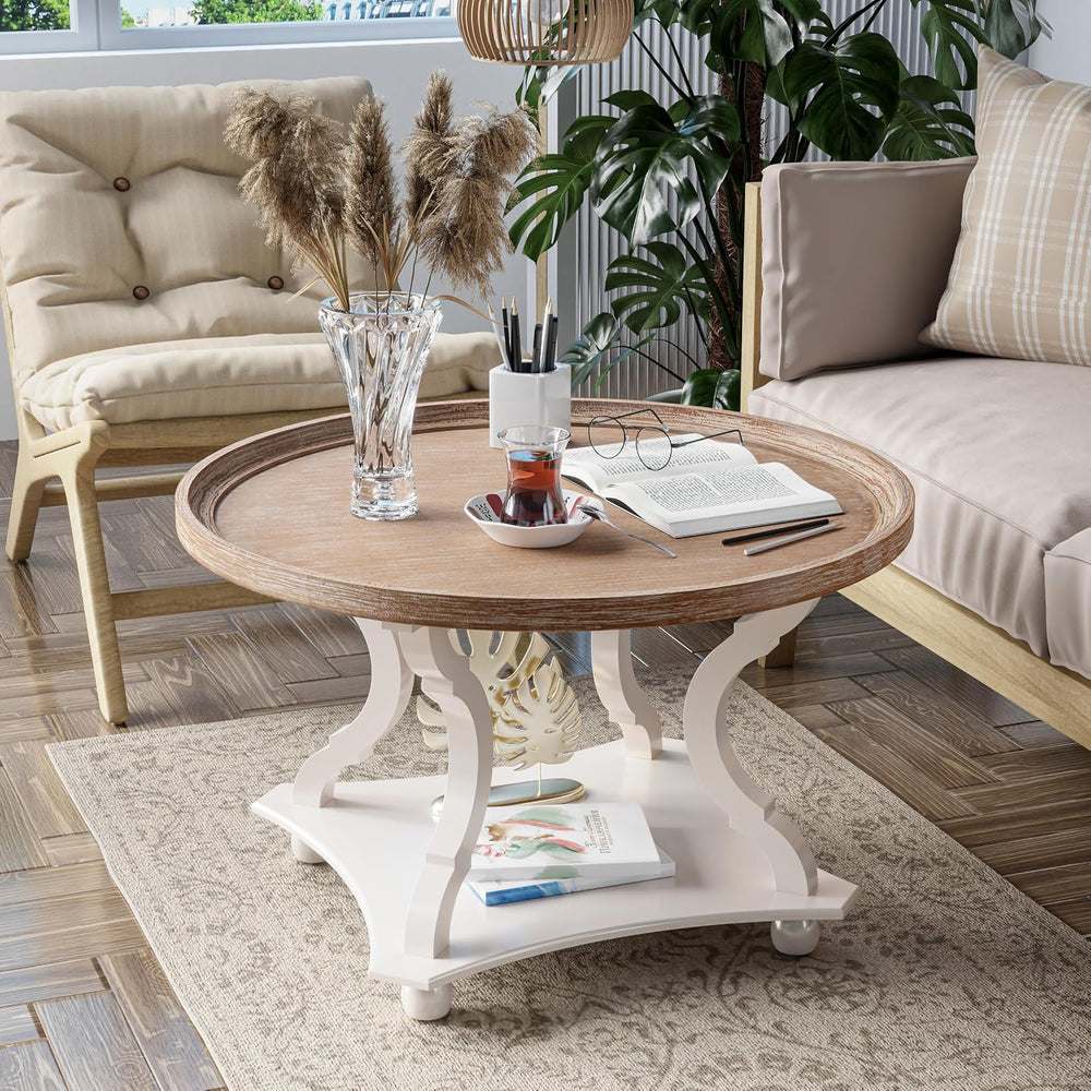 Round Farmhouse Coffee Table with Tray Top, Handmade Finish, White