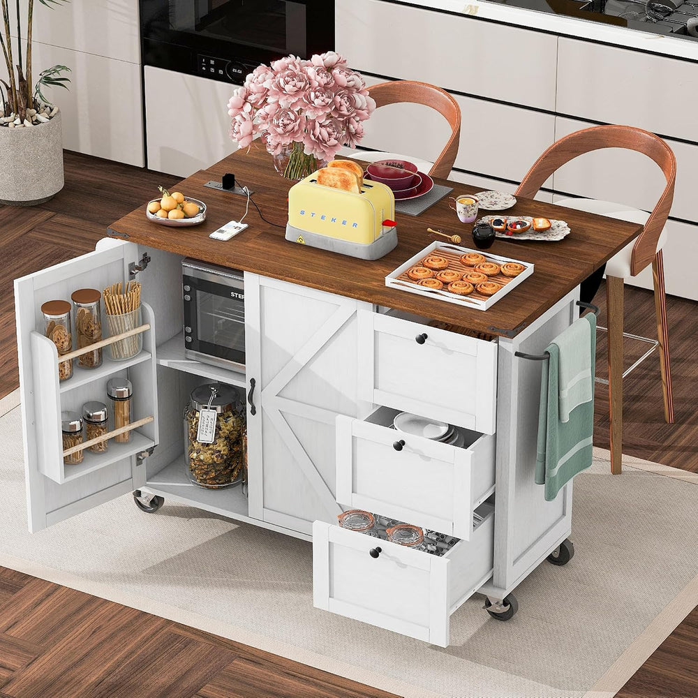 54.5" Farmhouse Kitchen Island with Power Outlet, White