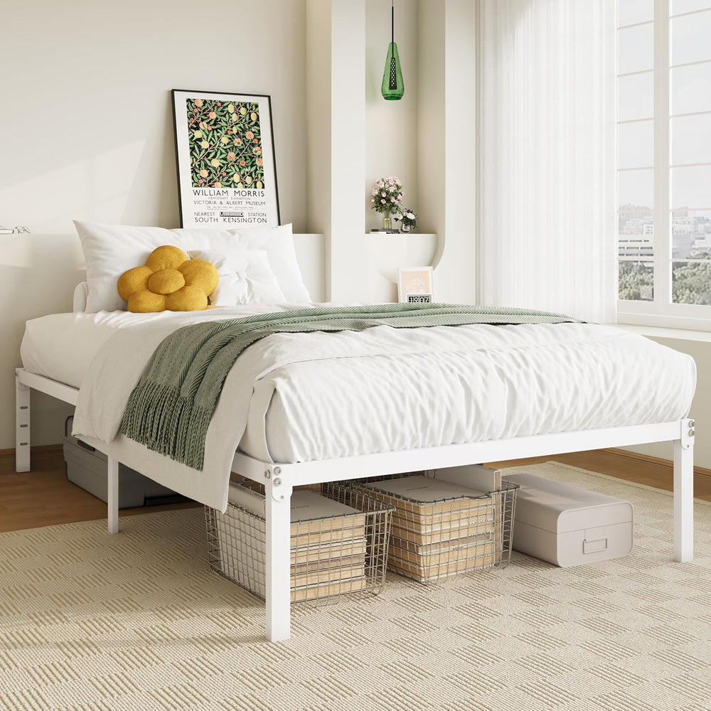 Allewie Twin XL Bed Frame, 14 inch Metal Beds with Storage Space, White