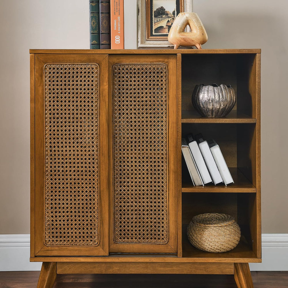 LKTART Mid Century Modern Small Rattan Sideboard Buffet Storage Cabinet