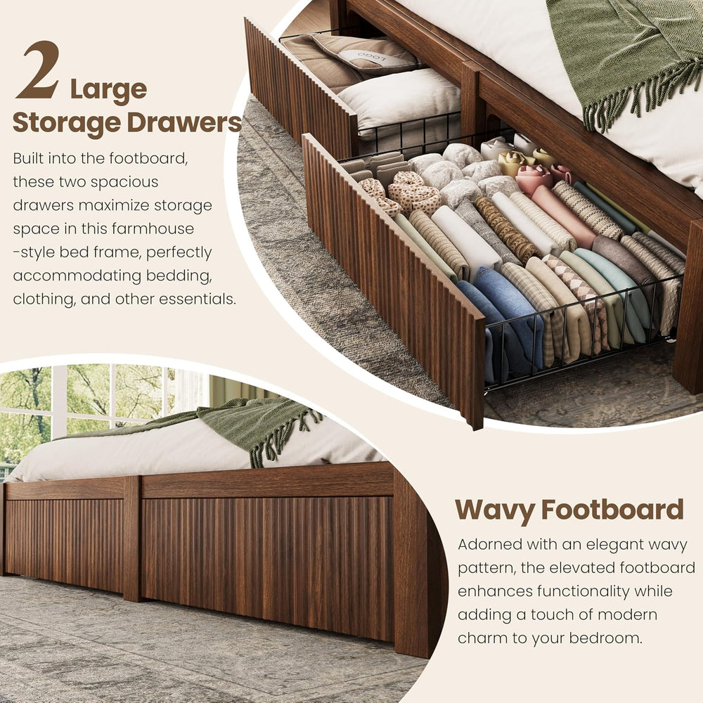 CypBed King Size Bed Frame and Headboard & 2 Storage Drawers, Walnut