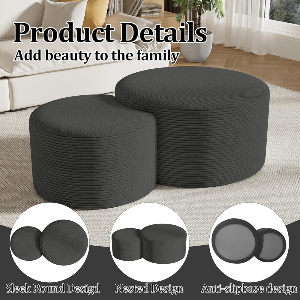 Round Nesting Coffee Table Set of 2,Upholstered Foam Ottoman Footrest Side Ta...
