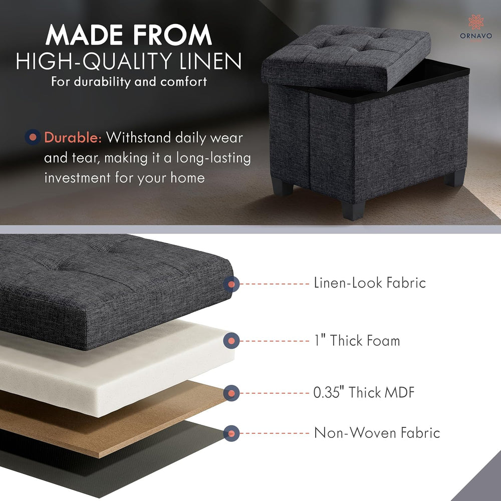 Ornavo Home Small Rectangle Storage Ottoman with Legs, 12x16x12, Black