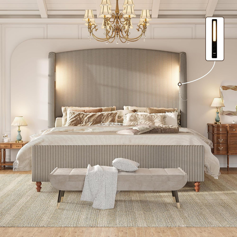 66" Extra Tall King Upholstered Wingback Bed with Light and Pockets, Gray