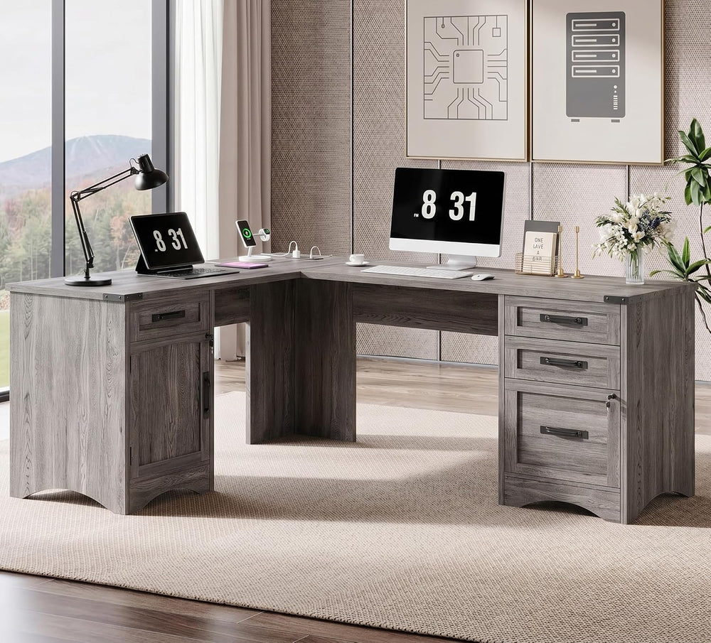 Decofy 67" Farmhouse L Shaped Standing Desk with Drawers Home Office Exe...