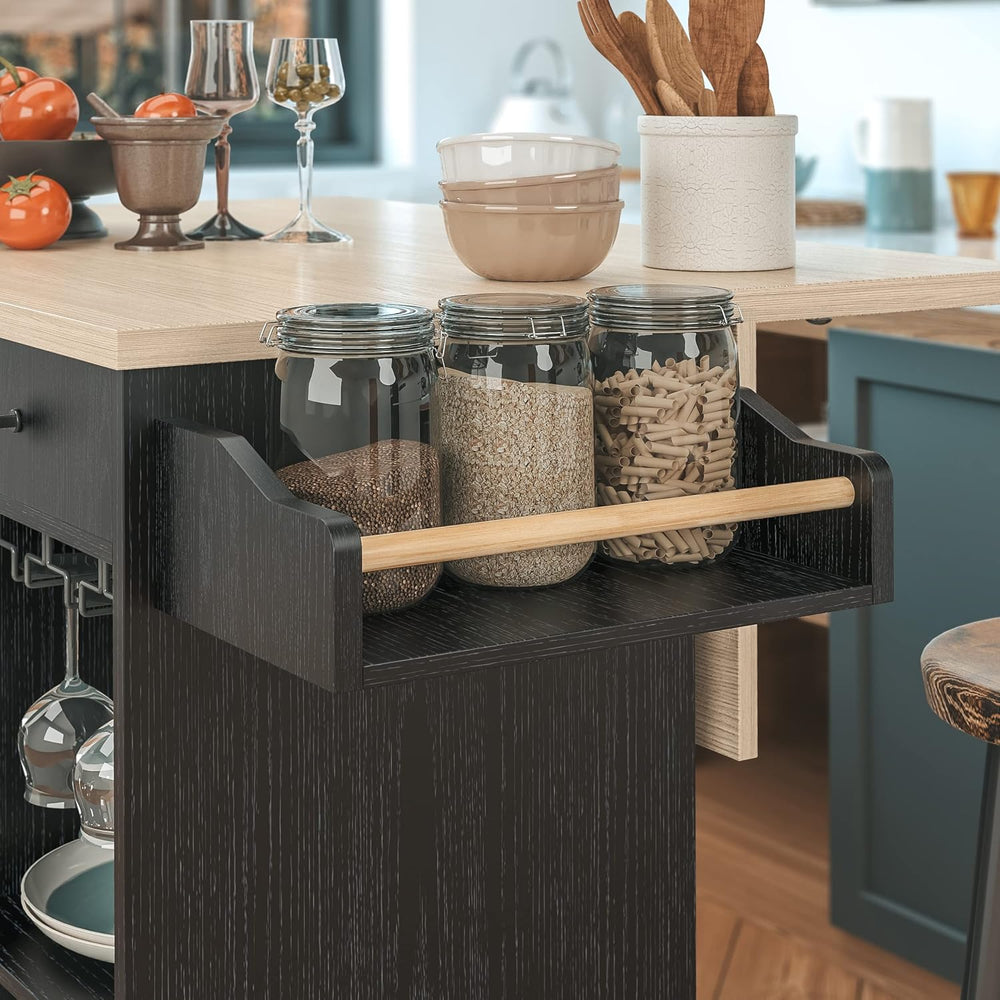 IRONCK Rolling Kitchen Island Cart with Drop-Leaf and Wine Rack, Black