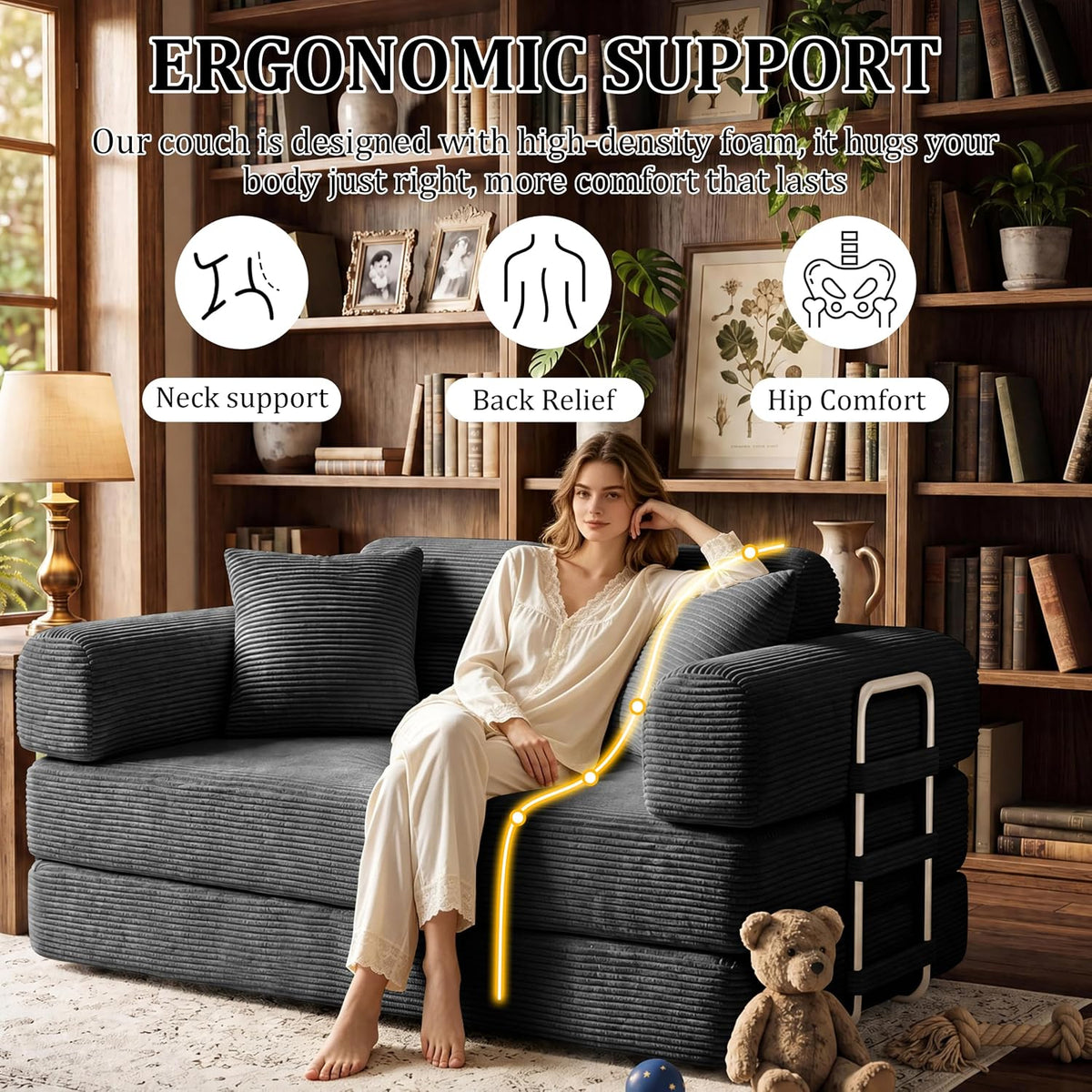Convertible Sofa Bed with High Backrest Headrest Loveseat Sleeper Folding Couch Bed with 4 Pillows Futon Couch for Bedroom,Apartment Living Room, No Assembly (Pink, 59.0” Hight Backrest Sofa)