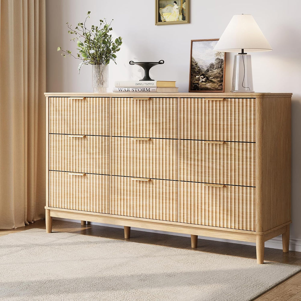 LINSY HOME Fluted Dresser for Bedroom with 9 Drawers, 58" Wide Mid Centu...