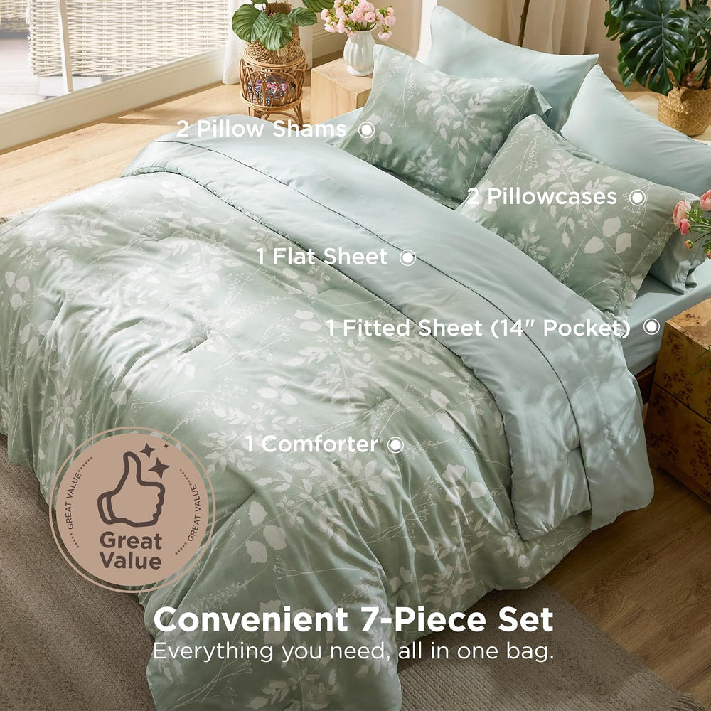 Bedsure Sage Green King Comforter Set, Floral Bedding Sets, 7 Piece