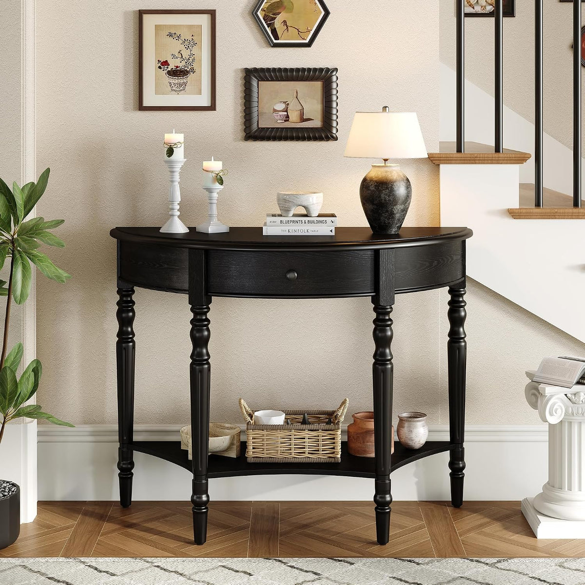 LUMISOL Half Moon Entryway Table with Drawer & Shelf, Black | Rustic Console Table for Entryway, Sofa Table Behind Couch, Farmhouse Accent Table