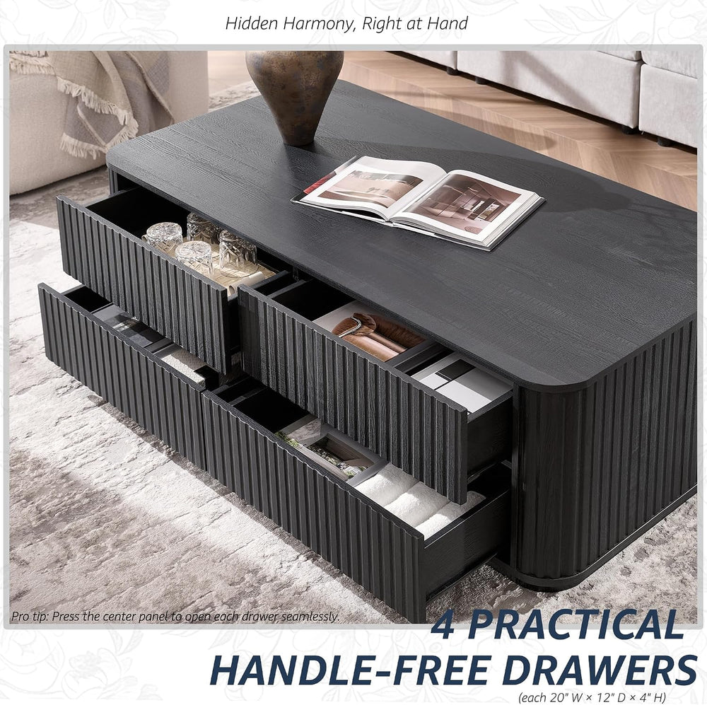 51" Fluted Coffee Table with 4 Drawers, Black Oak