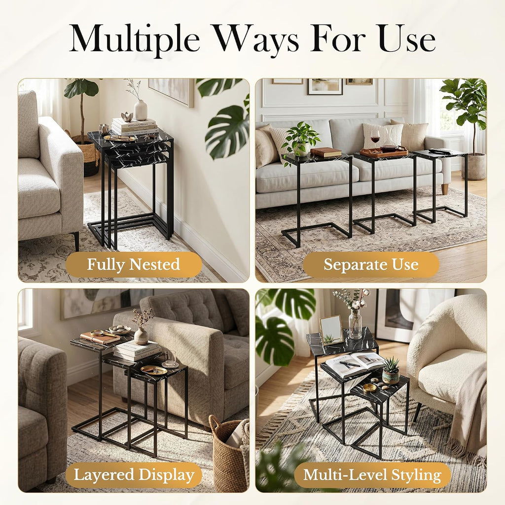 Nouva Modern Nesting Coffee Table, Set of 3 Square Stacking Accent Table End Table C-Shape with Metal Frame for Living Room Bedroom, Rustic Brown