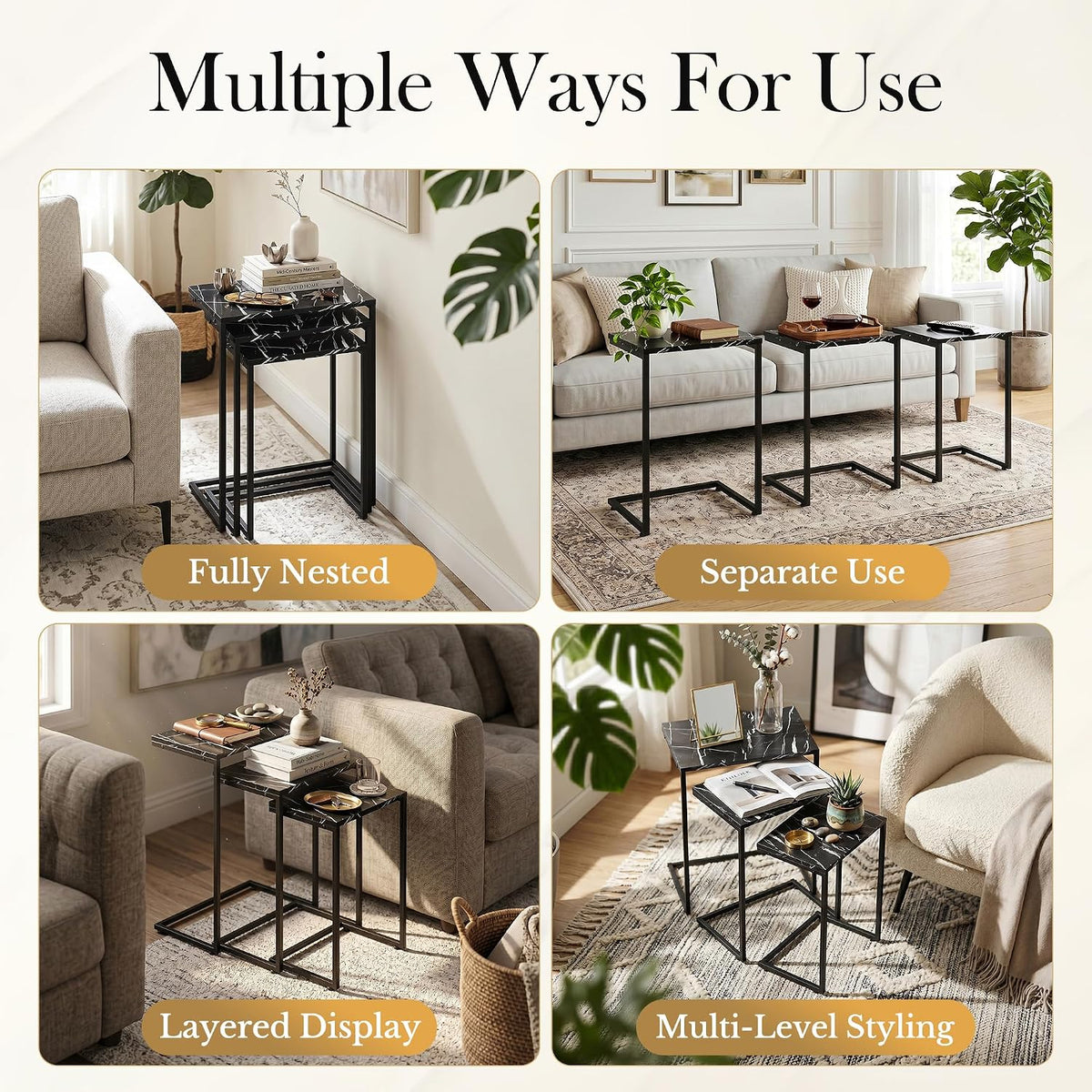 Nouva Modern Nesting Coffee Table, Set of 3 Square Stacking Accent Table End Table C-Shape with Metal Frame for Living Room Bedroom, Rustic Brown