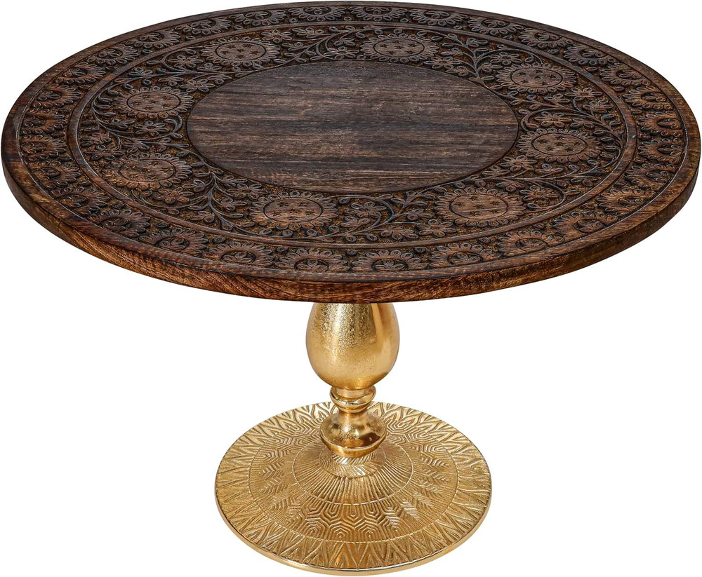 Coffee Table in Solid Wood and Aluminium Base, 24 x 24 x 18", Burnt/Gold