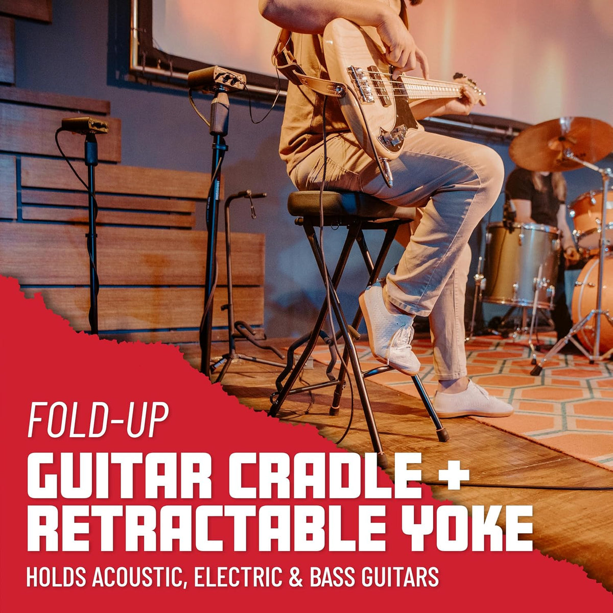 Gator Frameworks Foldable Guitar Stool with Padded Seat and Rear Mounted Guitar Hanger, (GFW-GTRSTOOL)
