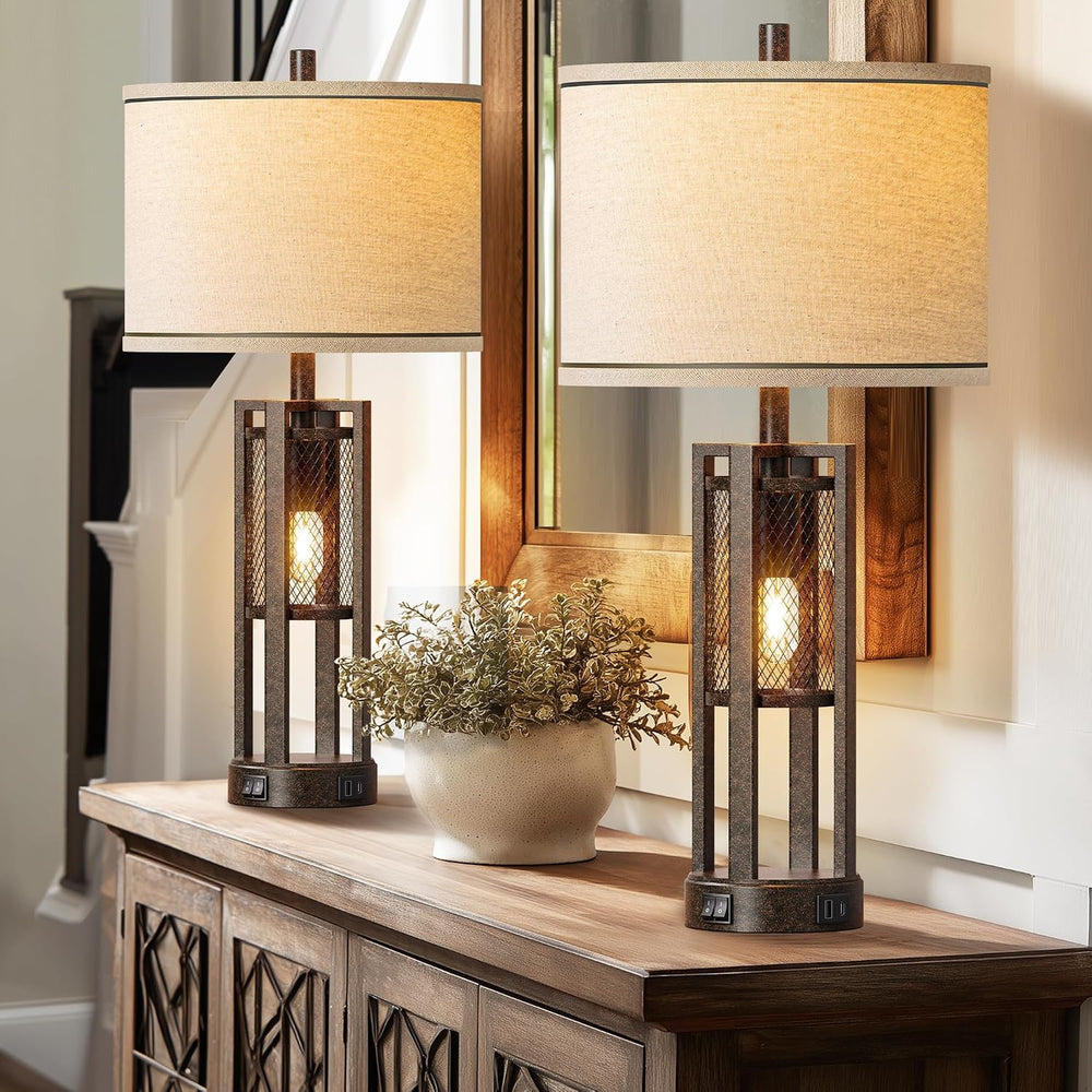 28'' Farmhouse Industrial Table Lamp Set of 2 - Rustic Bedside Nights...