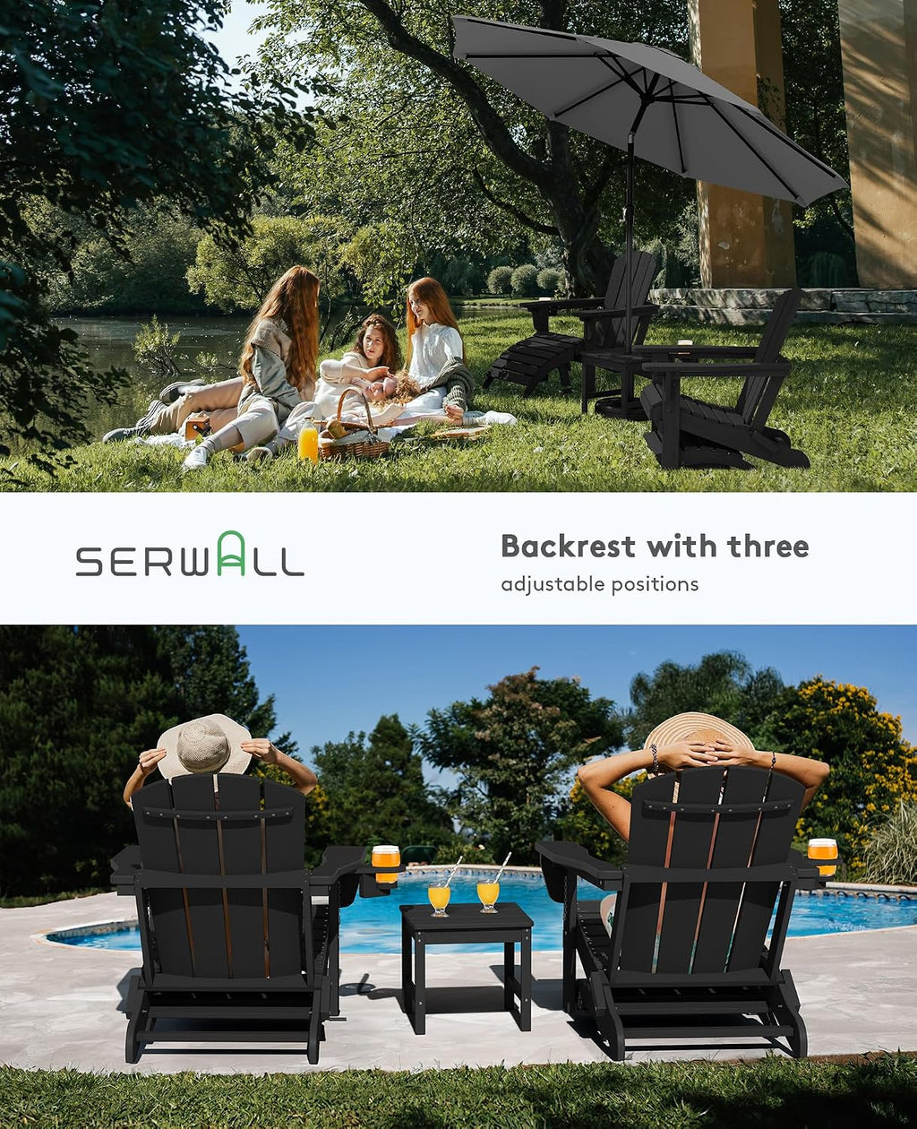 SERWALL 5-Piece HDPE Adirondack Chair and Ottoman and Table Set, Black