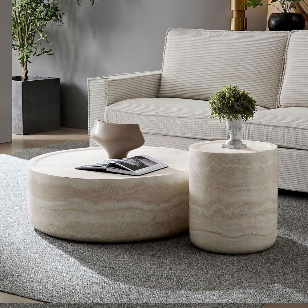 JUSTONE Set of 2 Round Coffee Tables for Living Room, Faux Mars Pattern Moder...