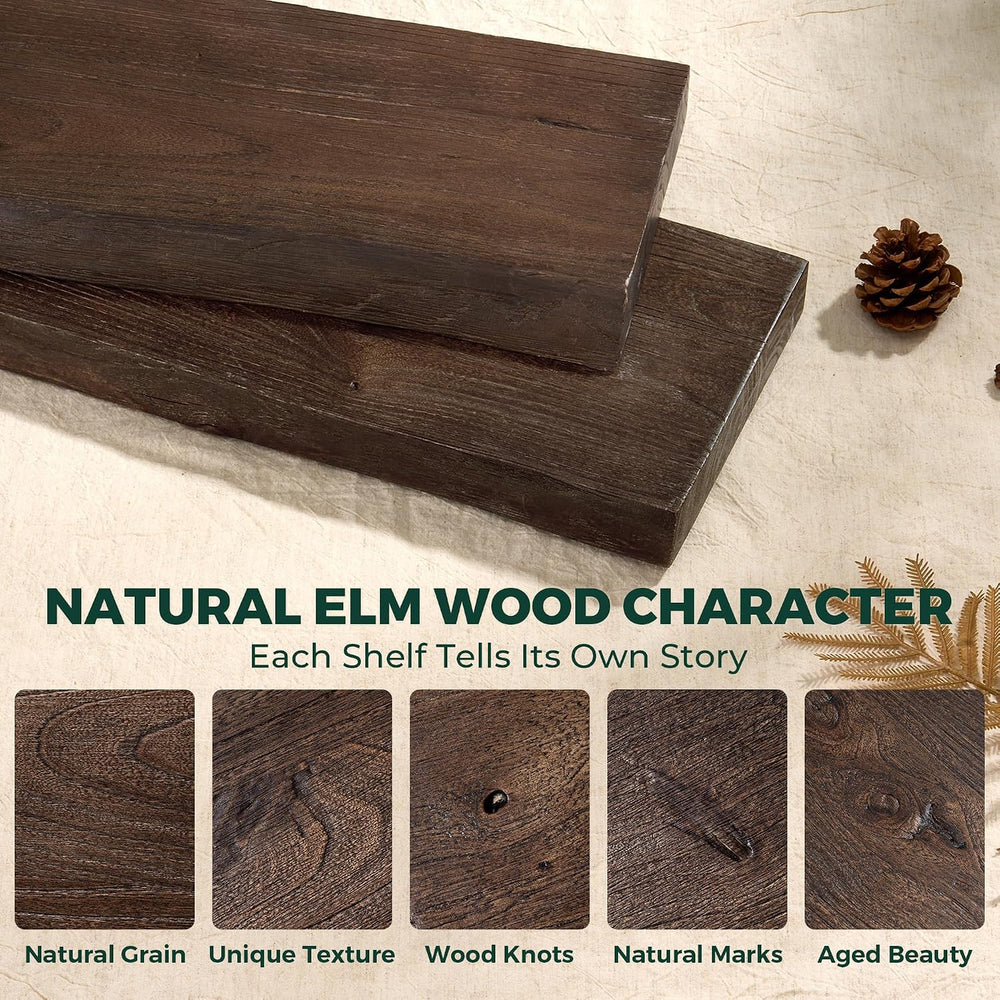 24in Live Edge Solid Elm Floating Shelves, Walnut, Set of 2