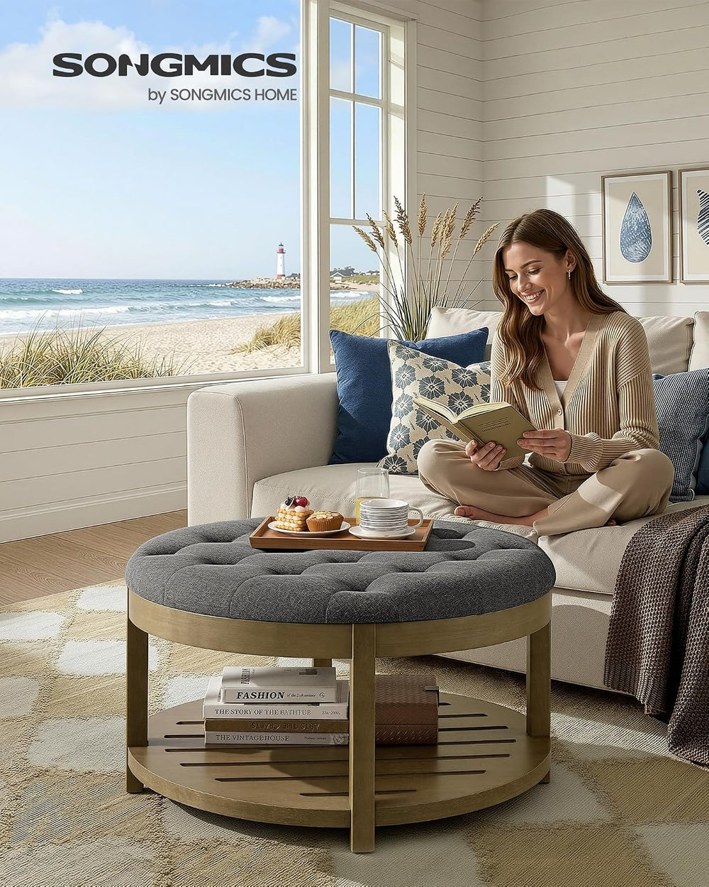 SONGMICS Round Coffee Table with Storage, Solid Wood Frame