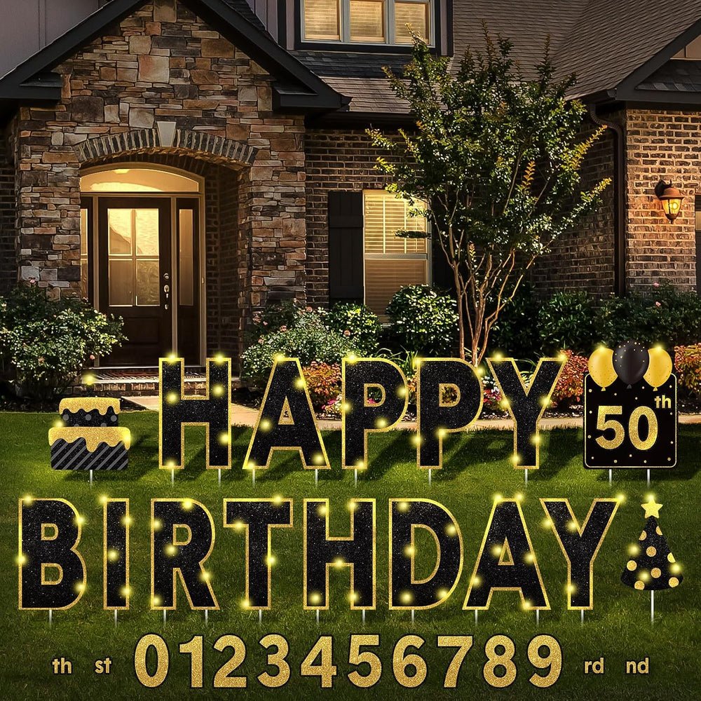 Yerliker 16 Pcs Black Happy Birthday Yard Signs with Stakes, 32.8 ft LED Ligh...