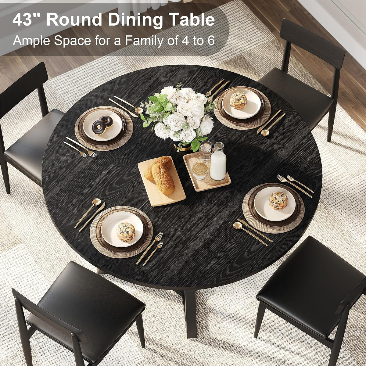 knoworld Round Dining Table for 4, Kitchen Tables Dining Room Circle Dinner Table with Pedestal Metal Frame, Space Saving Wood Industrial Kitchen & Dining Room Tables (Black, 43In)