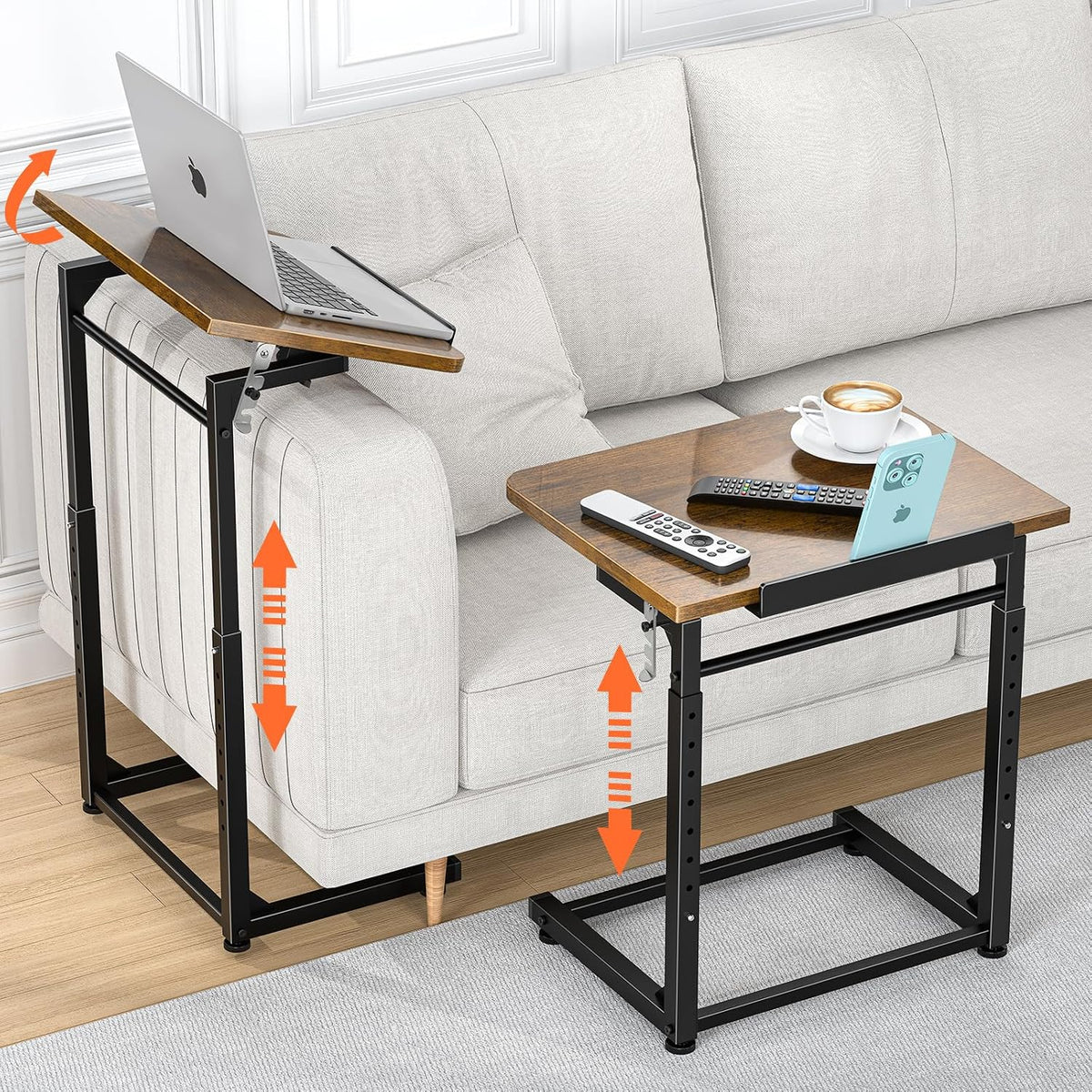 Upgrade Tv Tray Table, 8-Level Adjustable Height Couch Side Table, 90° Tilt Angle Foldable C-Shaped End Table with Phone & Tablet Slot Sofa Computer Desk for Couch,Sofa,Bed,Chair,Living Room