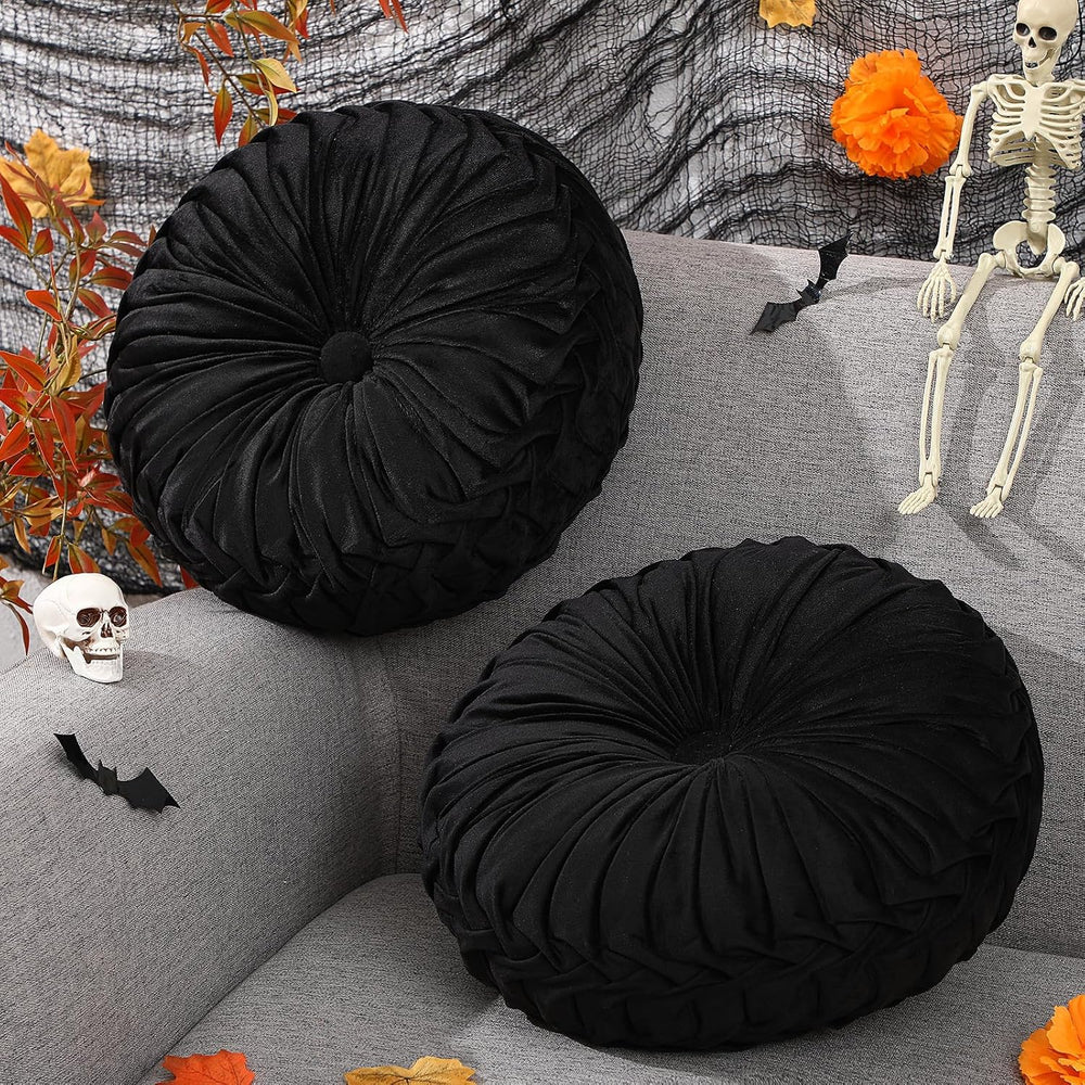 Beeveer 2 Pcs Round Throw Pillows Velvet Pleated Pillows, Black