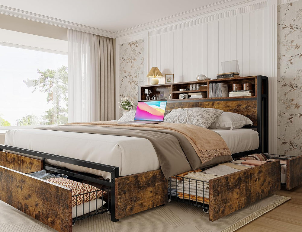 EnHomee Queen Bed Frame with 6 Storage Drawers, Charge Station,Noise-Free