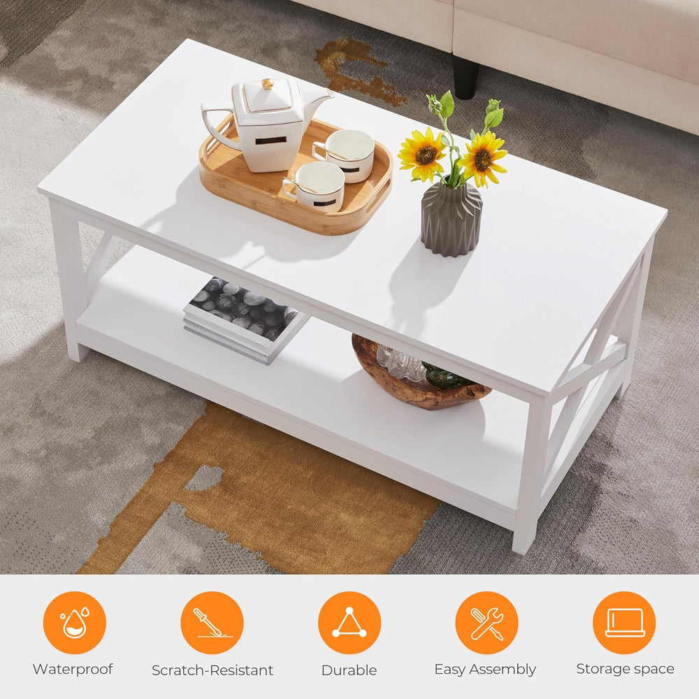 Yaheetech White Coffee Table for Living Room, X-Design Storage Shelf, 39.5"