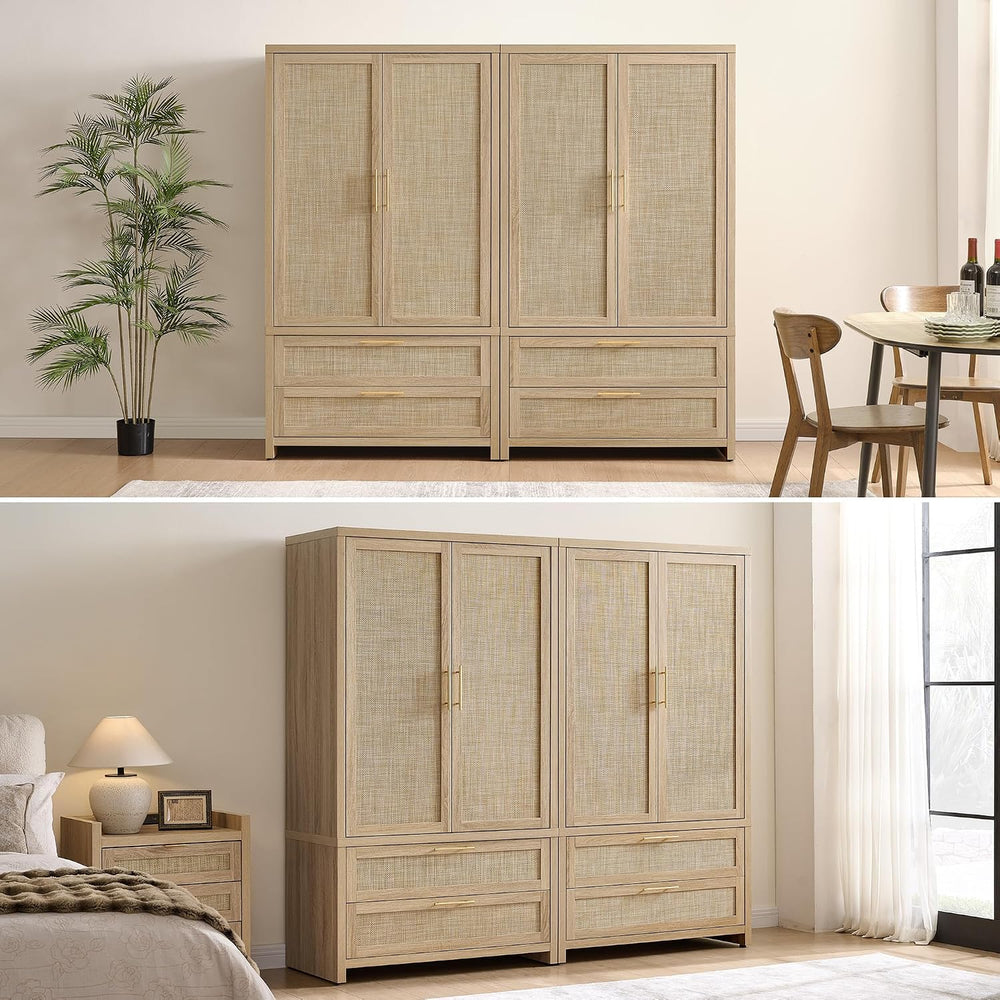 SICOTAS 71 inch Rattan Wardrobe Closet, Boho Armoire Wardrobe with Drawers
