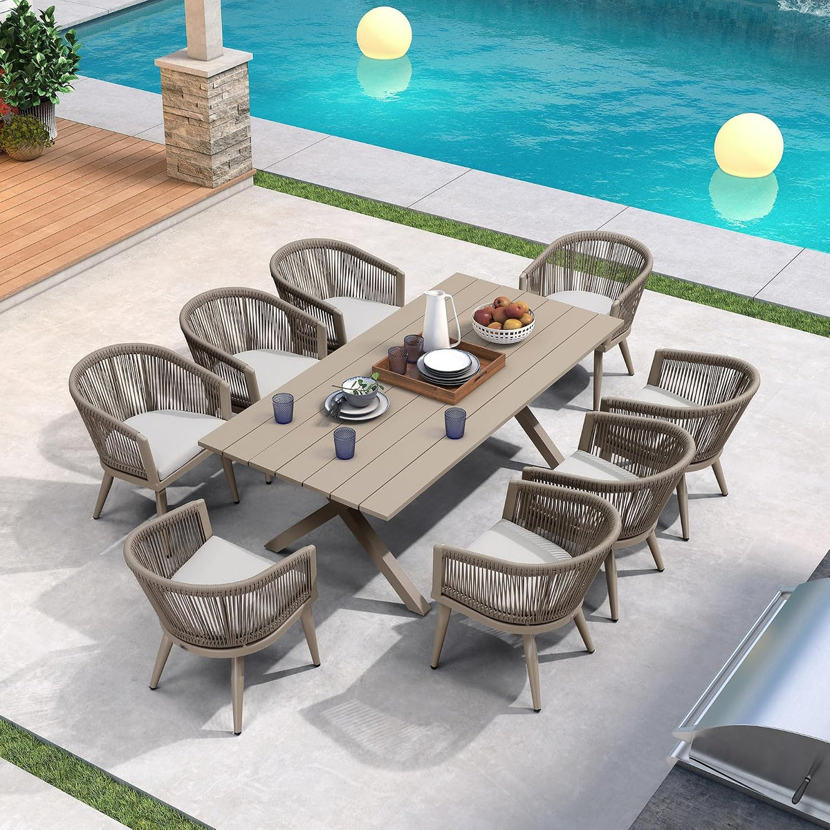 PURPLE LEAF Outdoor Dining Set for 8 with Cushions PE Rattan Champagne
