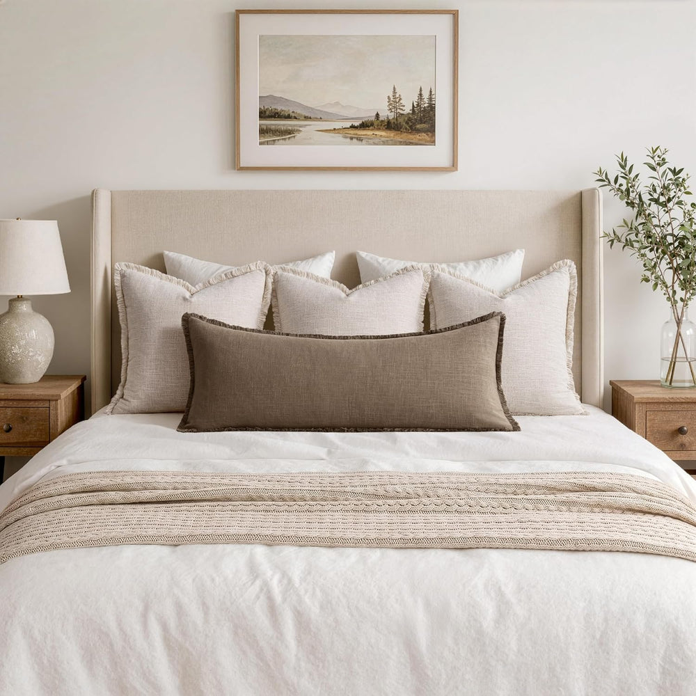 MIULEE 14x36 Long Linen Fringe Lumbar Pillow Covers Set of 1 Cocoa Brown