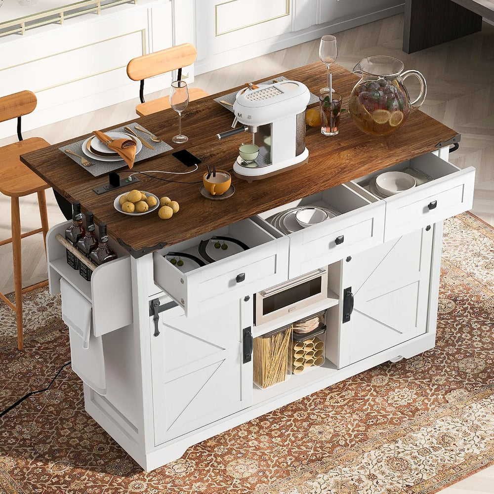 53.7" Farmhouse Kitchen Island with Sliding Barn Doors, White