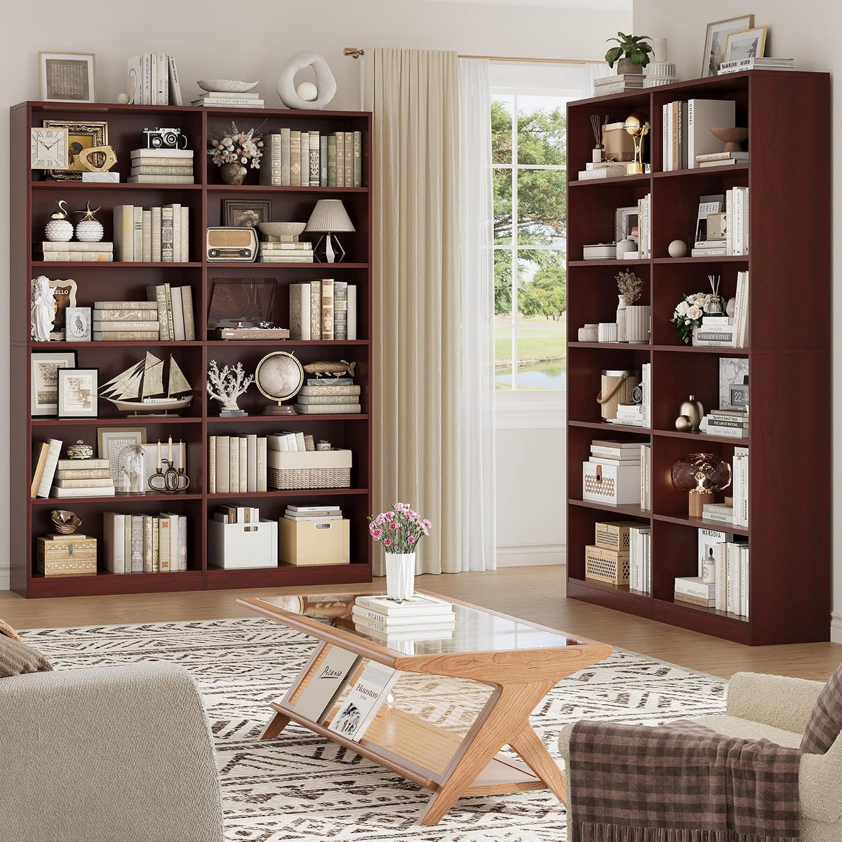 facbotall bookshelf and bookcase, 6-tier double wide bookshelves,freestanding, side view