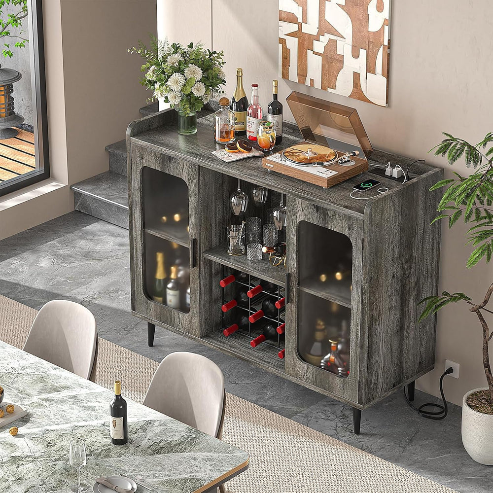 iSunirm Wine Bar Cabinet with Power Outlet & LED Light, Black Oak