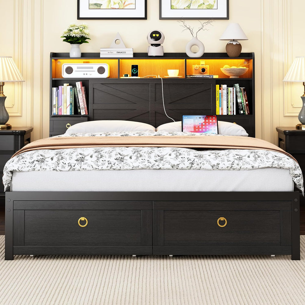 Full Bed Frame with Storage Headboard, Farmhouse Platform Bed Frame with Book...