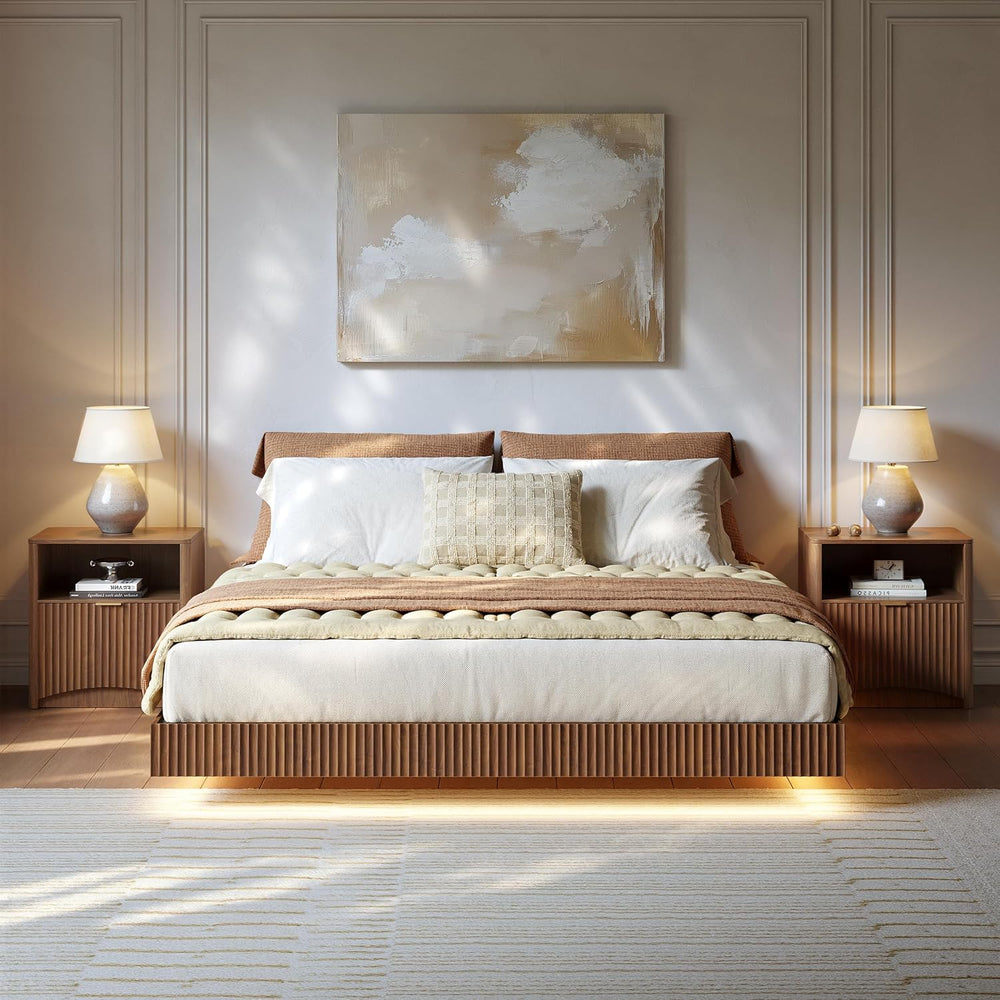 Evermagin Queen Bedroom Set, Fluted Floating Bed Frame & Nightstands,Walnut