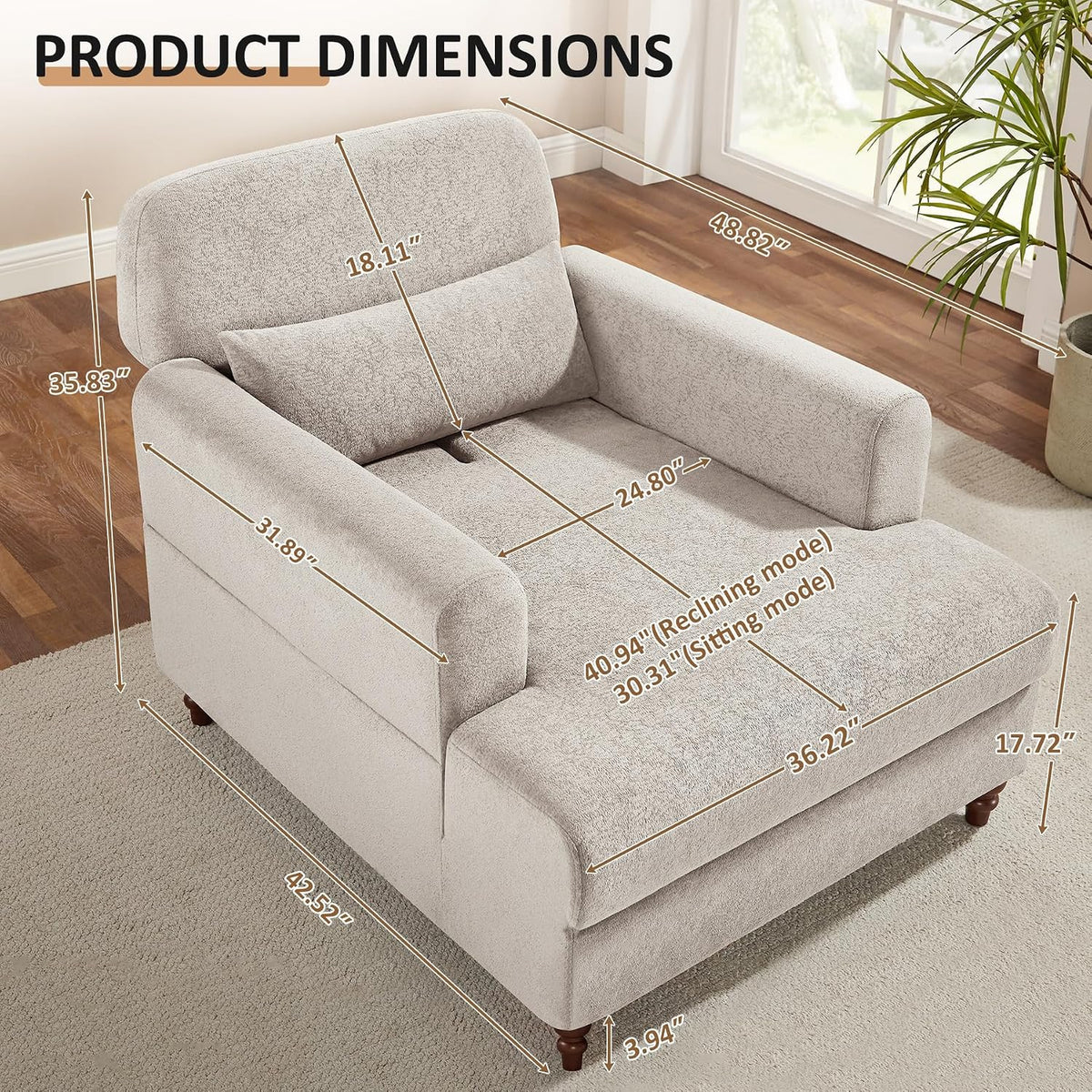 VANOMi Chaise Lounge Accent Chair Indoor with Adjustable Backrest, Oversized Upholstered Deep Seat Reading Arm Chair, Comfy Cloud Fluffy Chaise Lounge for Living Room, Bedroom,Chenille,Camel | Oversized Lounge Comfort with Adjustable Backrest, Soft