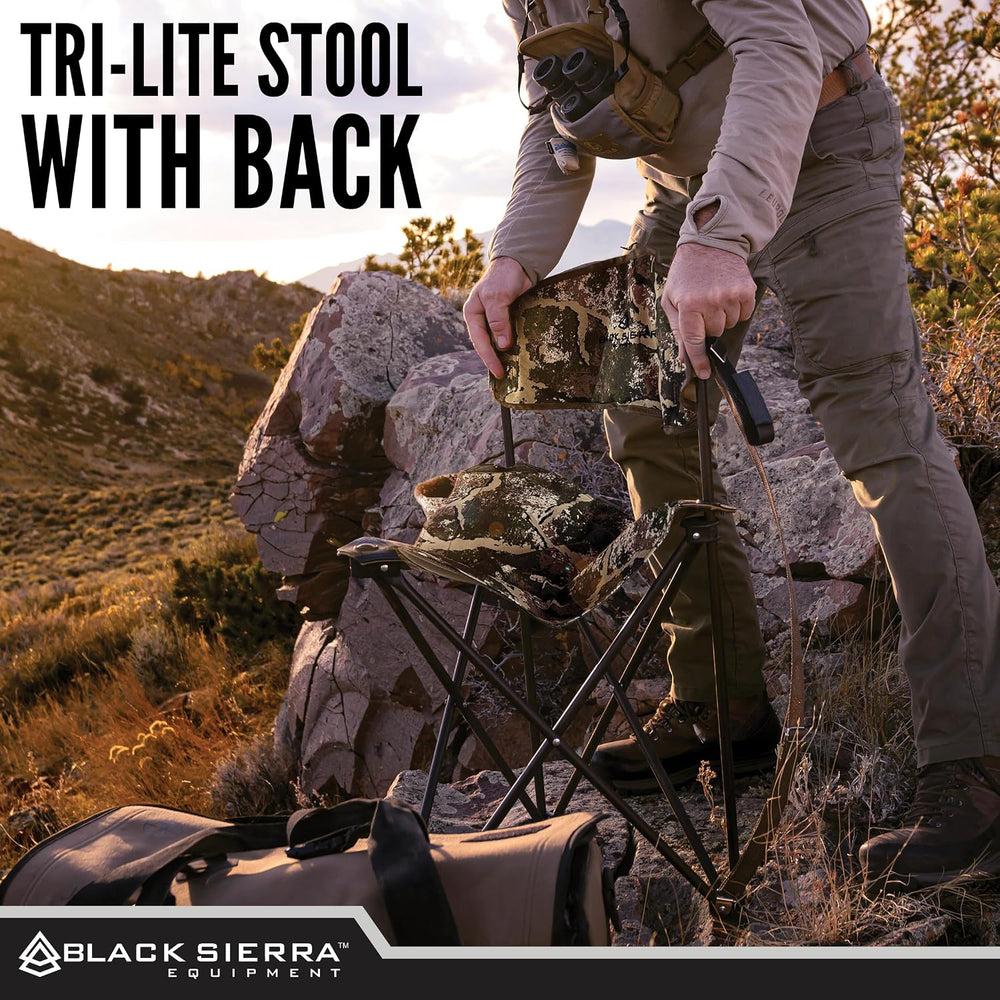 Black Sierra Folding Hunting Stool w Backrest & Cup Holder, 225 lb Capacity
