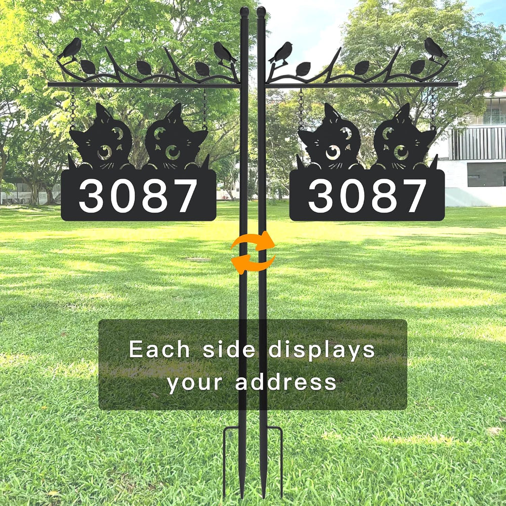 Metal Cat Address Sign, Home Numbers Plaque, Address Post Sign Double-Sided