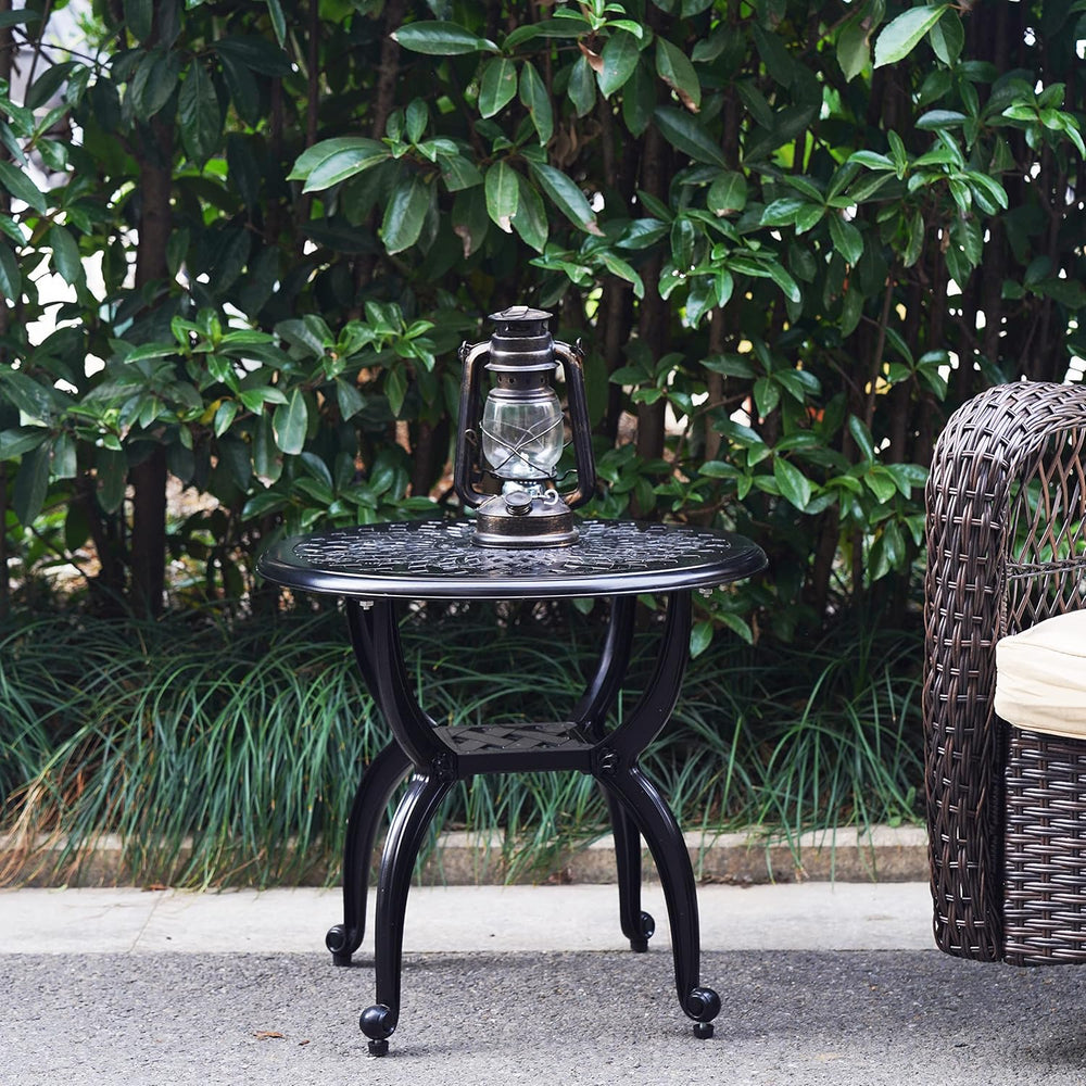 Mandolin Black Cast Aluminum Round Outdoor Patio Coffee End Table