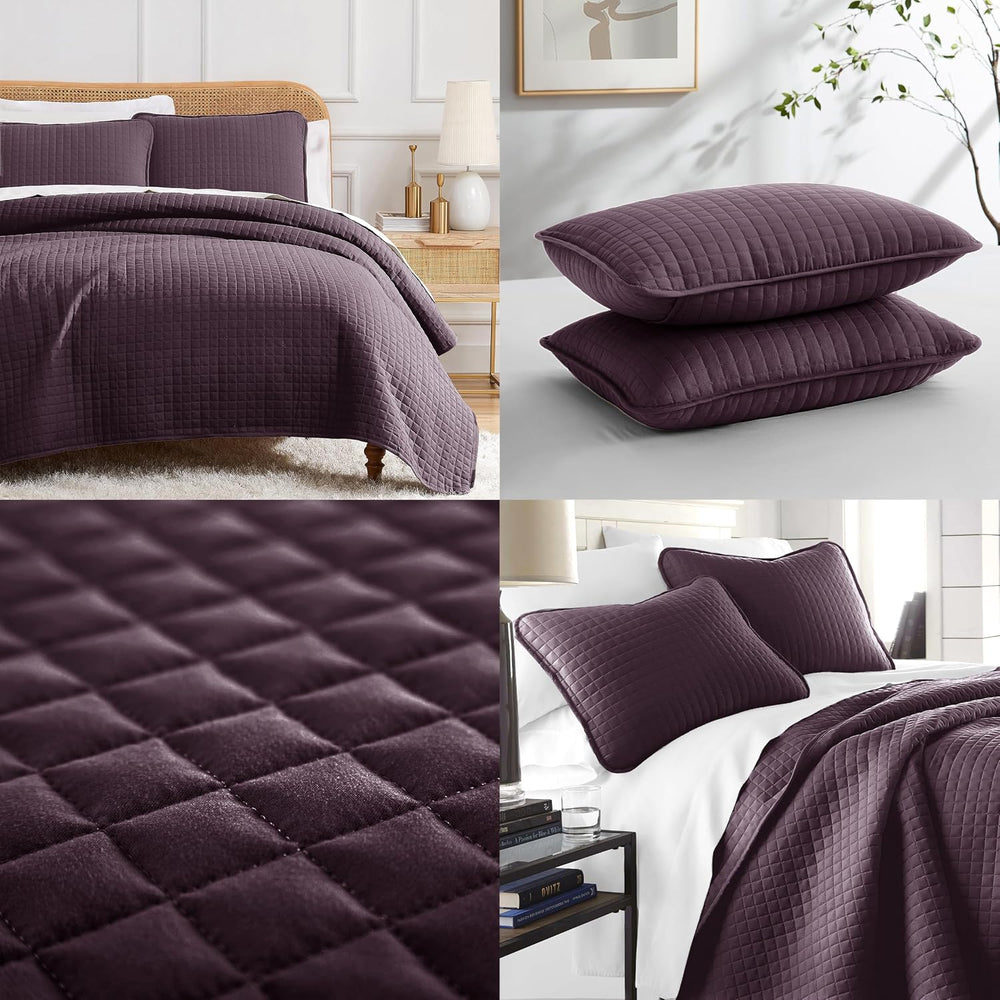 King Size Quilt Bedding Set with 2 Quilted Pillow Shams, Purple Quilts