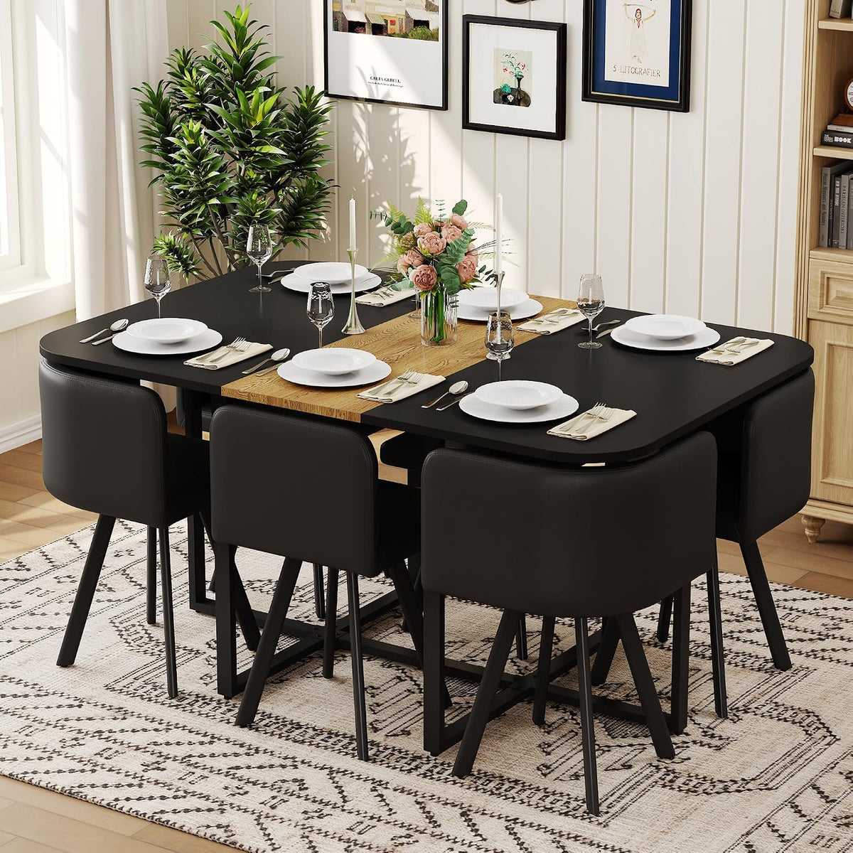 7-Piece Dining Table Set for 6,Modern Dining Table Set for 6 with Cushioned Chairs,59" Black Kitchen Table Set for Home, Apartment,Office,Conference Room,Small Spaces, Space-Saving
