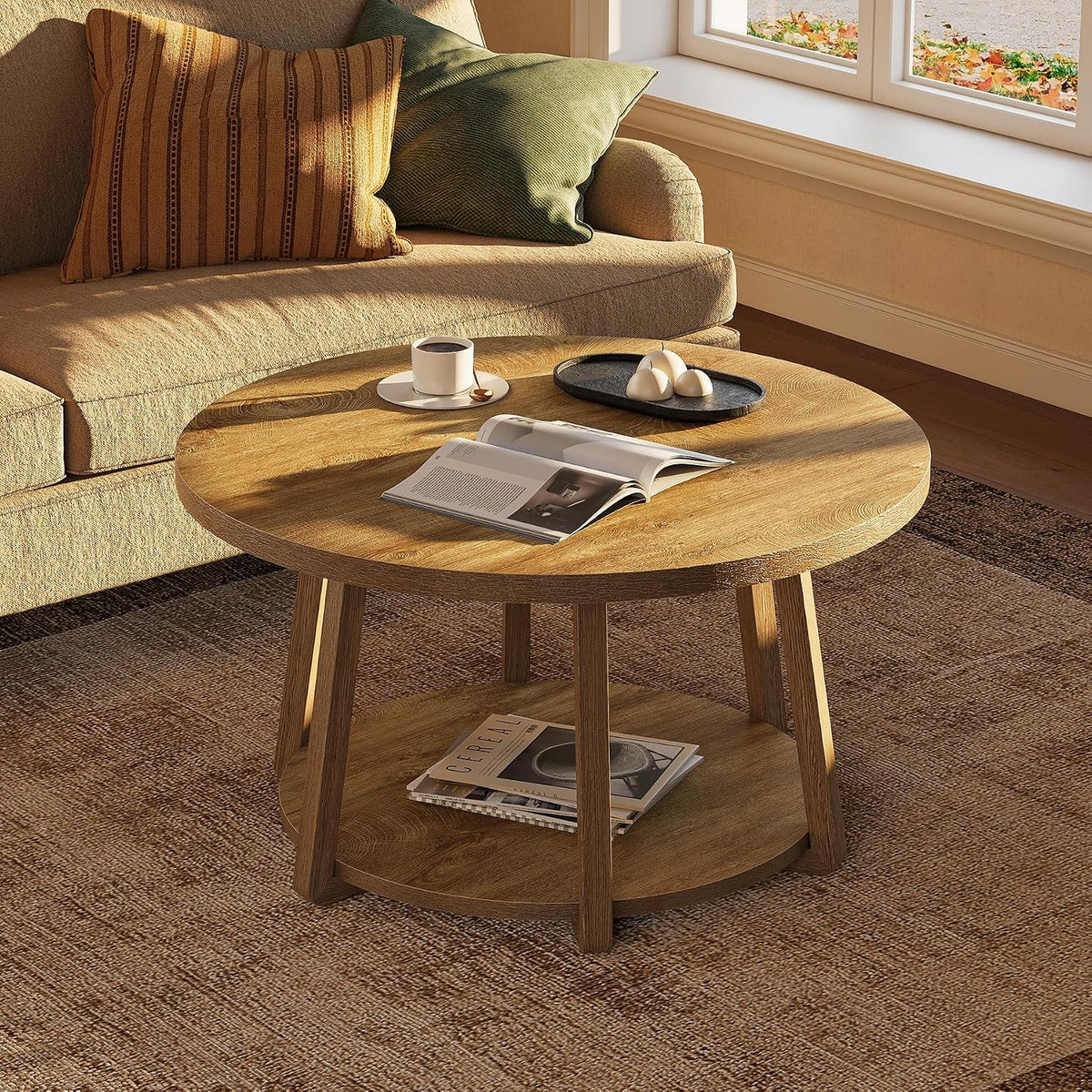 LITTLE TREE Round Coffee Table, 2-Tier Center Table with Storage | Wooden Legs, 31.5 Dia. x 19.6 H Inches, Easy Assembly, Circle Coffee Tables for Living Room, Bedroom
