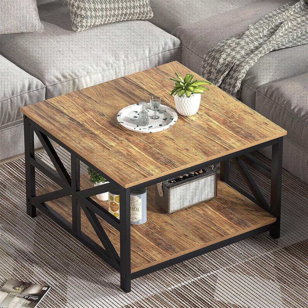GreenForest 27.55 Inch Square Coffee Table with 2 Tier Storage