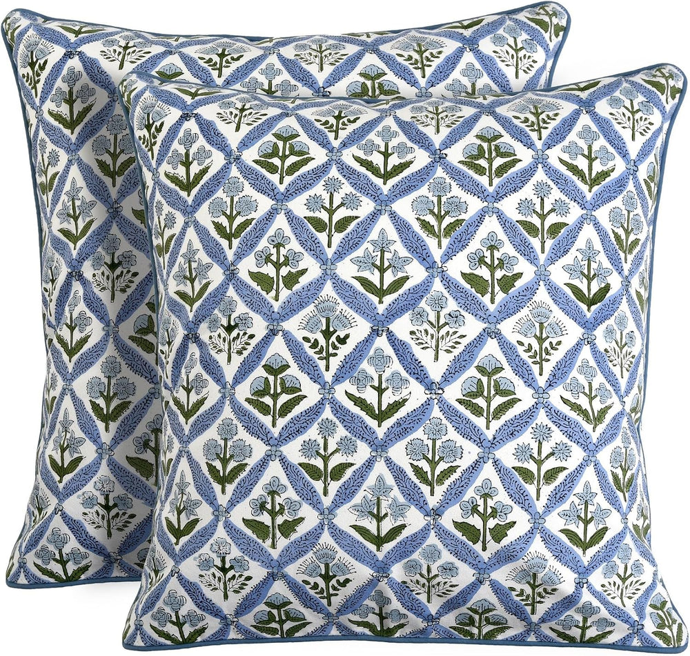 Ridhi Light Steel Blue Block Print Cotton Pillow Cover 18x18 Inch Set of 2