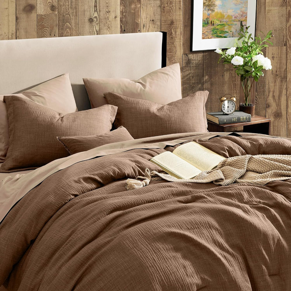 King Size Comforter Set - 7 Pieces Brown Bedding Set Textured Bed in a Bag